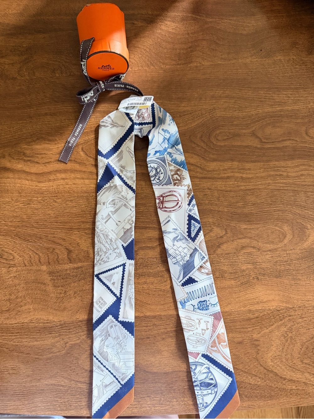 Hermes Blue Navy and Tan Silk Twilly Scarf